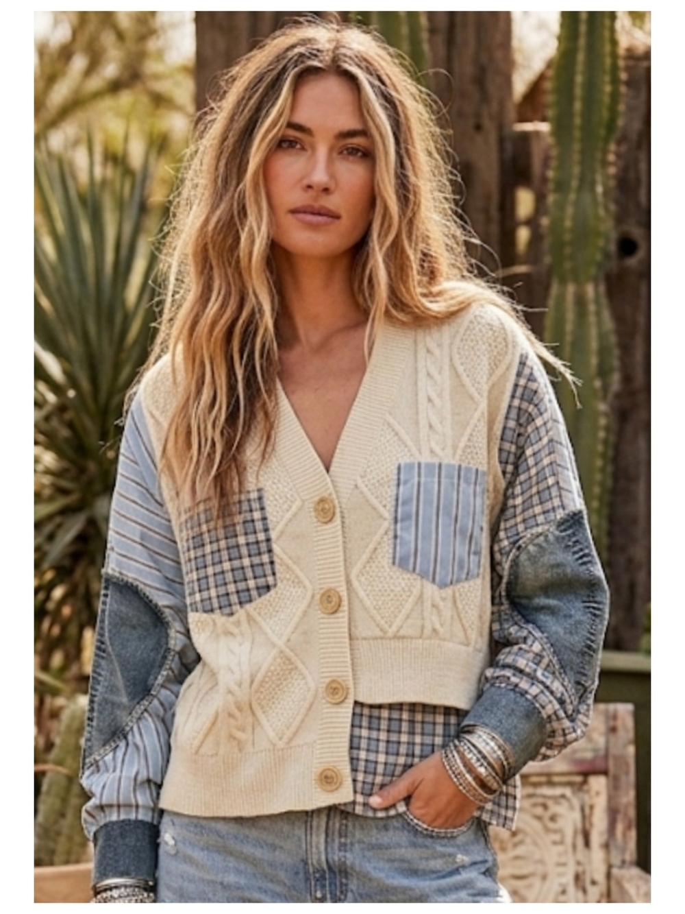 Cream Patchwork Knit V-Neck Cardigan Sweater